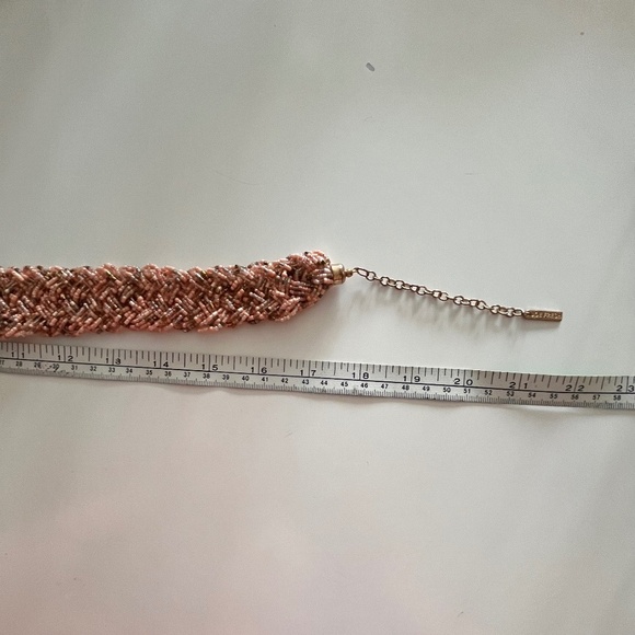 Women's Beaded Statement Necklace, tiny beads on chain, pink peach rose, beige - Picture 5 of 5